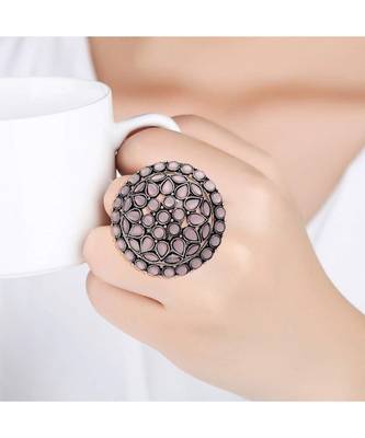 Silver Oxidized Kundan Work Designer Adjustable Finger Ring for Women  3