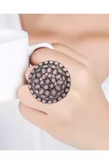 Silver Oxidized Kundan Work Designer Adjustable Finger Ring for Women 