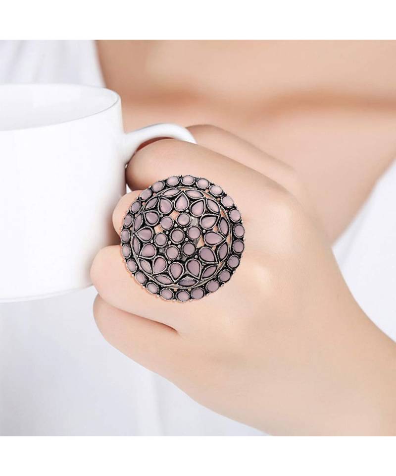 Silver Oxidized Kundan Work Designer Adjustable Finger Ring for Women 