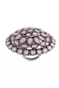 Silver Oxidized Kundan Work Designer Adjustable Finger Ring for Women 