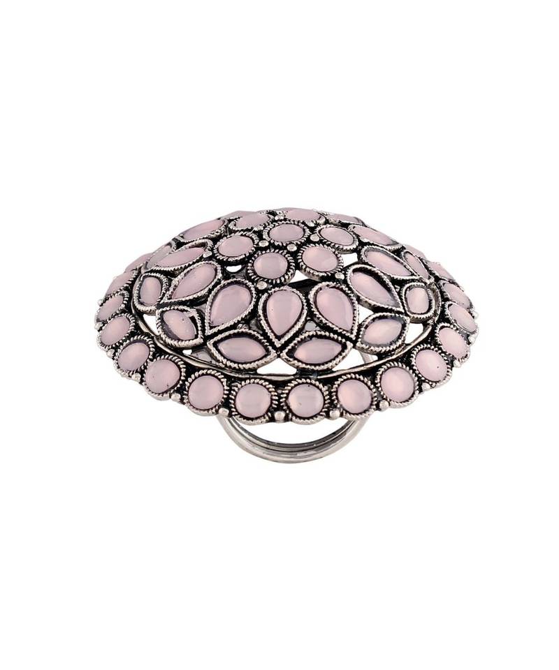 Silver Oxidized Kundan Work Designer Adjustable Finger Ring for Women 
