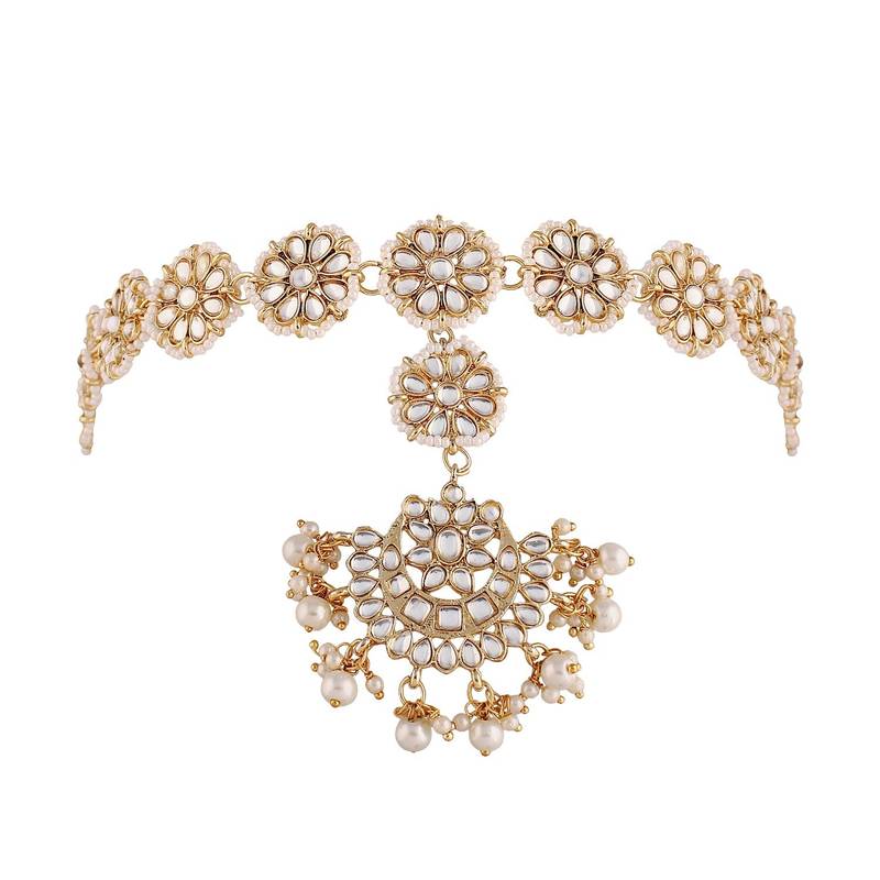 Traditional Floral Kundan Pearl Studded Rajasthani Sheeshphool/Mathapatti for Women 