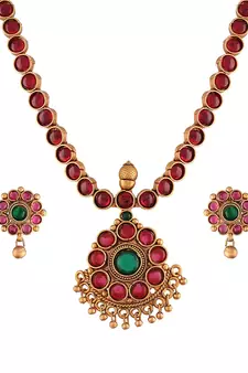 Designer Traditional Brass Jewellery Set With Earrings Glided with Kundan 