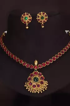 Designer Traditional Brass Jewellery Set With Earrings Glided with Kundan 