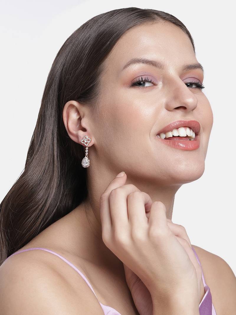 Rose Gold Plated Glittering Crystal AD Stone Dangle & Drop Earrings for Women & Girls 