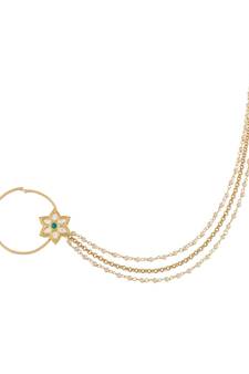 Ethnic Bridal Nose Ring/Nath Without Piercing with Pearl Chain Encased with Pearl Stone for Women/Girls (NL50G)