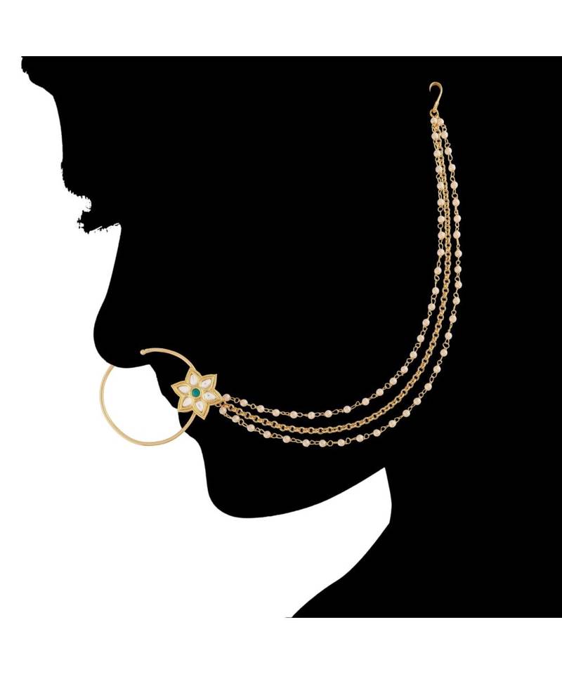 Ethnic Bridal Nose Ring/Nath Without Piercing with Pearl Chain Encased with Pearl Stone for Women/Girls 