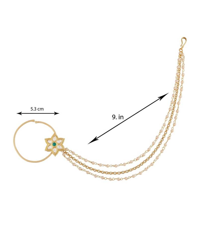 Ethnic Bridal Nose Ring/Nath Without Piercing with Pearl Chain Encased with Pearl Stone for Women/Girls 