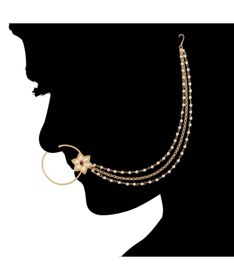 Ethnic Bridal Nose Ring/Nath Without Piercing with Pearl Chain Encased with Pearl Stone for Women/Girls (NL50G)