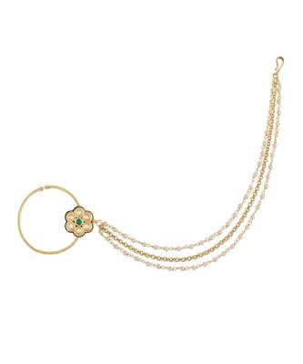 Ethnic Bridal Nose Ring/Nath Without Piercing with Pearl Chain Encased with Pearl Stone for Women/Girls (NL50G) 1