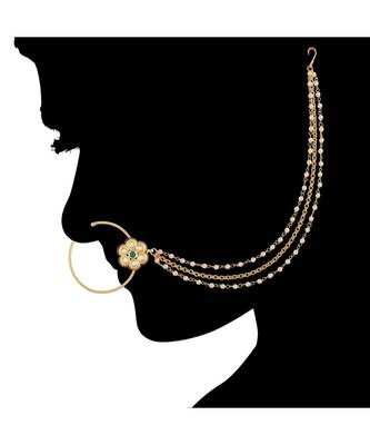 Ethnic Bridal Nose Ring/Nath Without Piercing with Pearl Chain Encased with Pearl Stone for Women/Girls (NL50G) 2