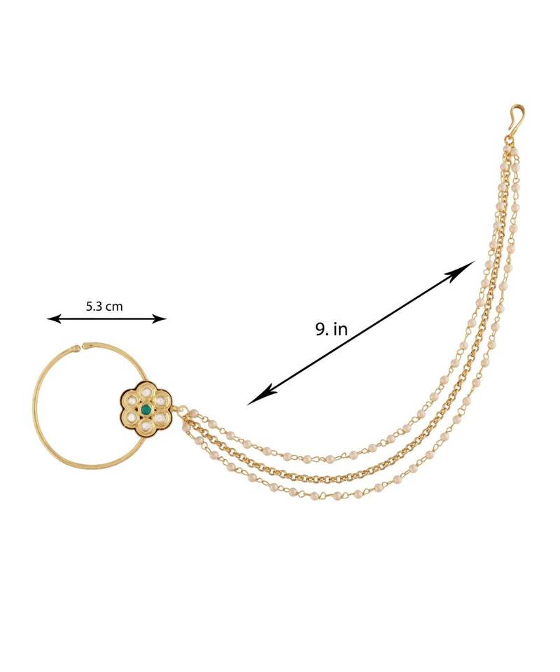 Ethnic Bridal Nose Ring/Nath Without Piercing with Pearl Chain Encased with Pearl Stone for Women/Girls (NL50G)