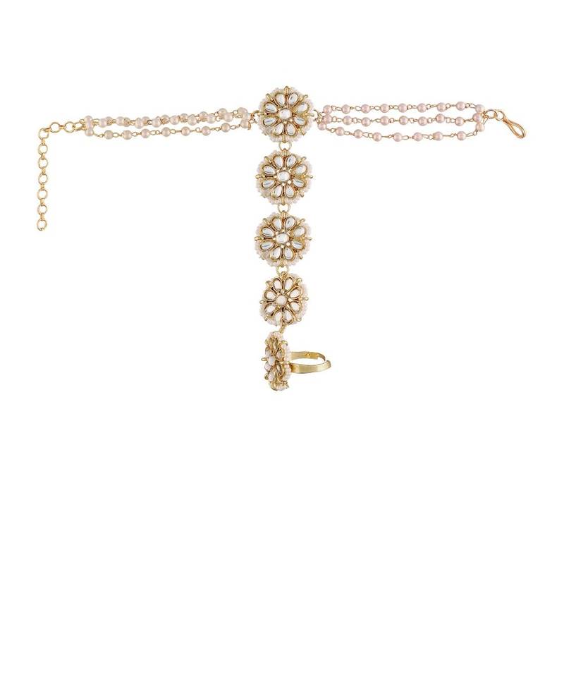 Plated Embellish With Kundan & Pearl Adjustable Haath Phool/Panja Bracelet for Women (PIJ028W) (Pack of 1)