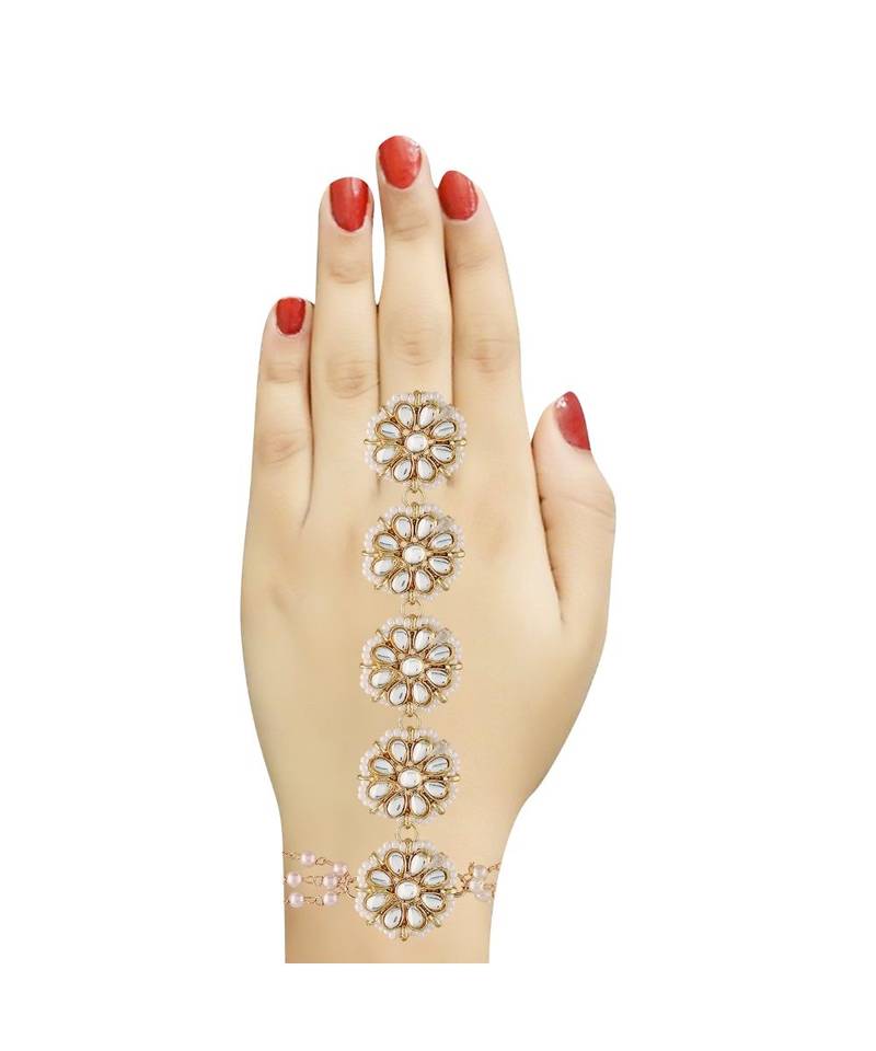 Plated Embellish With Kundan & Pearl Adjustable Haath Phool/Panja Bracelet for Women (PIJ028W) (Pack of 1)
