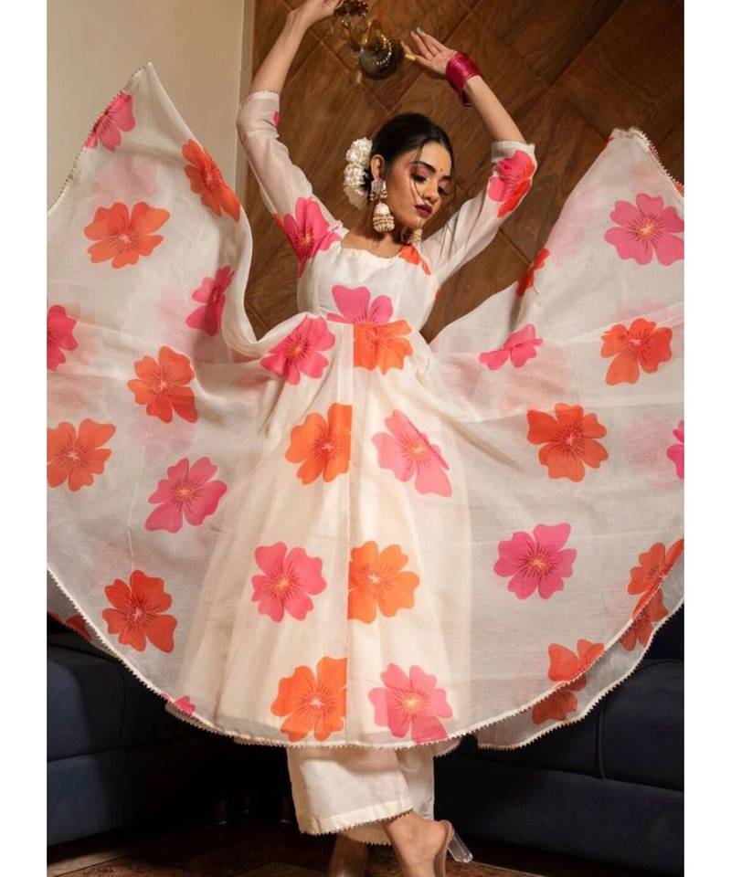 Off White Heavy Pedding Chinnon Gown with Organza Dupatta