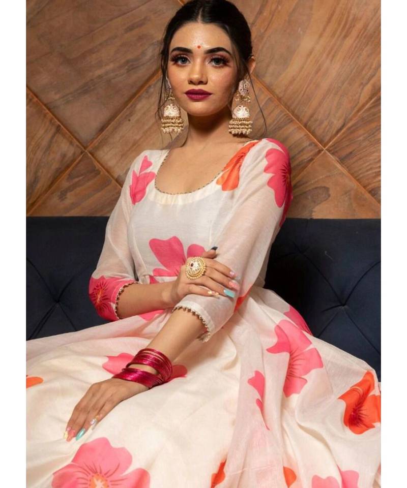 Off White Heavy Pedding Chinnon Gown with Organza Dupatta