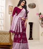 Wine Color Silver Zari Woven Party Wear Designer Poly Silk Saree With Blouse 
