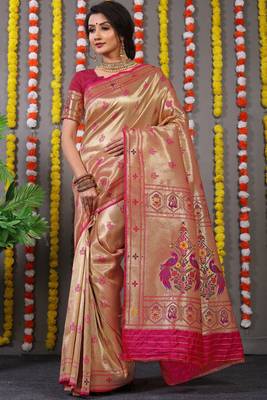 Pink Woven Paithani Silk Blend Saree With Blouse 1