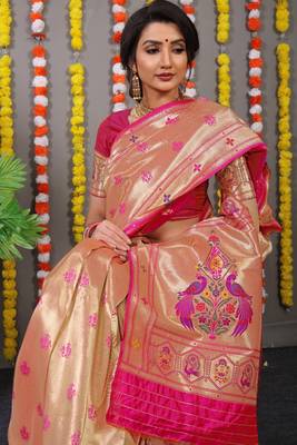 Pink Woven Paithani Silk Blend Saree With Blouse 2