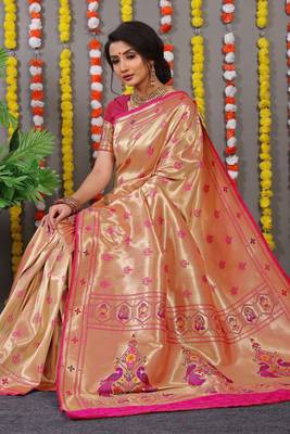 Pink Woven Paithani Silk Blend Saree With Blouse 3