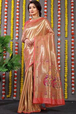 Peach Woven Paithani Silk Blend Saree With Blouse 1