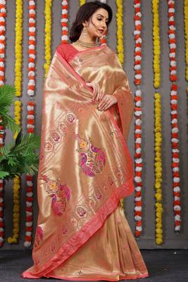 Peach Woven Paithani Silk Blend Saree With Blouse 2