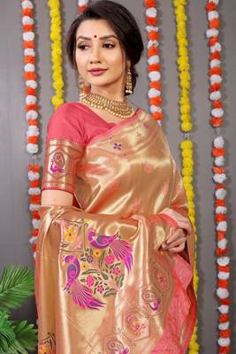 Peach Woven Paithani Silk Blend Saree With Blouse 3