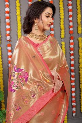 Peach Woven Paithani Silk Blend Saree With Blouse 4