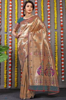 Teal Woven Paithani Silk Blend Saree With Blouse 1