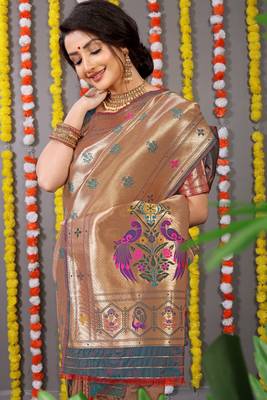 Teal Woven Paithani Silk Blend Saree With Blouse 3