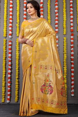 Yellow Woven Paithani Silk Blend Saree With Blouse 1