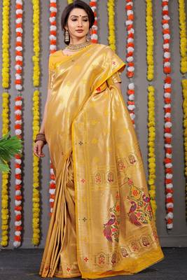Yellow Woven Paithani Silk Blend Saree With Blouse 2