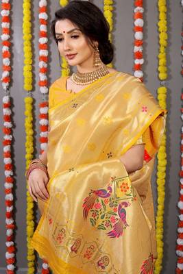 Yellow Woven Paithani Silk Blend Saree With Blouse 3