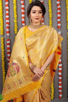 Yellow Woven Paithani Silk Blend Saree With Blouse 4
