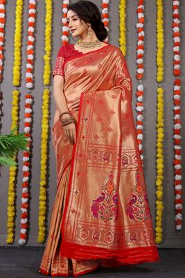 Red Woven Paithani Silk Blend Saree With Blouse 1