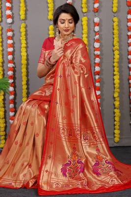 Red Woven Paithani Silk Blend Saree With Blouse 2
