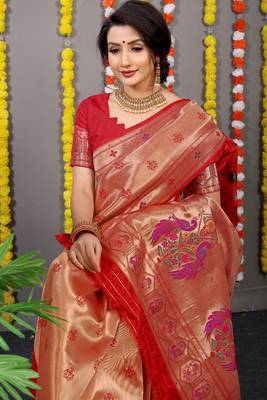 Red Woven Paithani Silk Blend Saree With Blouse 3