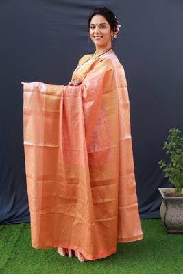 Peach woven kanchipuram silk saree with blouse 2