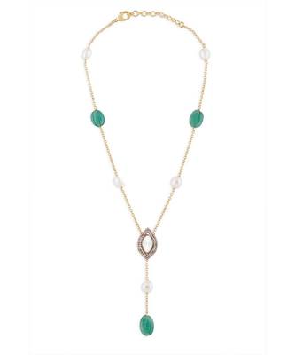 White Fresh Water Pearl Necklace With Green Jade Tumbles 3