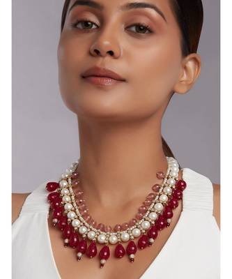 Shell Pearl Necklace With Red Onyx Drops 1