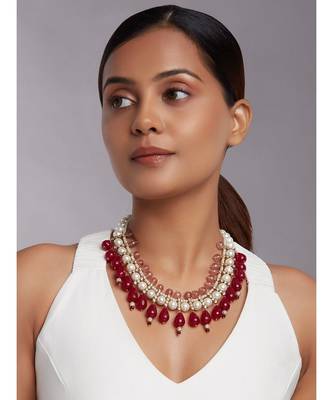 Shell Pearl Necklace With Red Onyx Drops 2