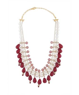 Shell Pearl Necklace With Red Onyx Drops 3