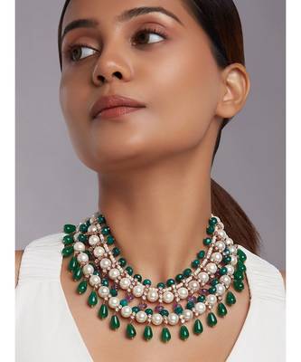 Shell Pearl Necklace With Green Jade Beads and Onyx Drops 1
