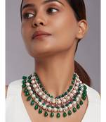 Shell Pearl Necklace With Green Jade Beads and Onyx Drops