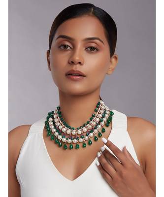 Shell Pearl Necklace With Green Jade Beads and Onyx Drops 2
