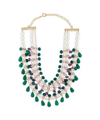 Shell Pearl Necklace With Green Jade Beads and Onyx Drops 3