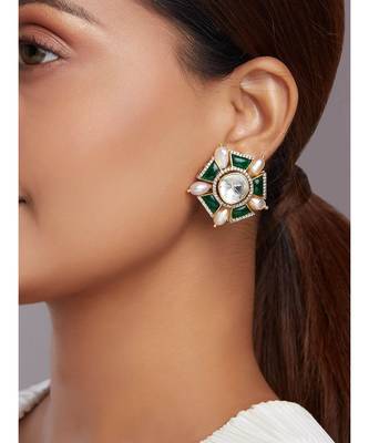 Green Meenakari Stud Earrings With Peach Fresh Water Pearls 1