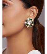 Green Meenakari Stud Earrings With Peach Fresh Water Pearls