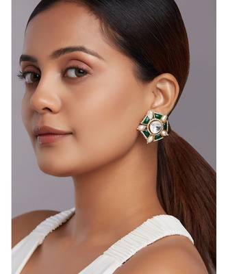 Green Meenakari Stud Earrings With Peach Fresh Water Pearls 2