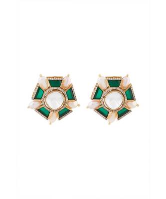Green Meenakari Stud Earrings With Peach Fresh Water Pearls 3